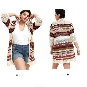 New 2X 18/20 Torrid Multi Stripe Open Front Crochet Boho Cardigan Sweater‎ Top